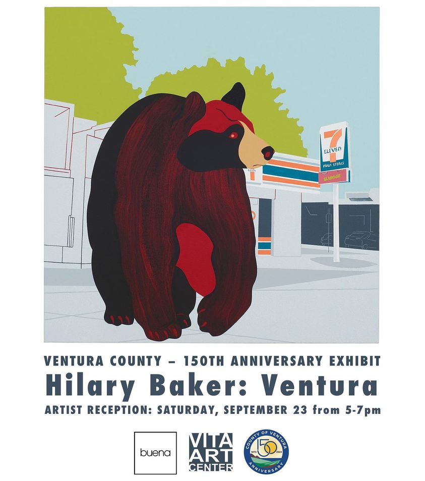 Hilary Baker | Ventura Opening Reception: Saturday, September 23 from 5-7pm An image of Hilary Barkers artwork- a brown/red bear standing in front of a 7-11 Exhibit Dates: September 23 thru November 11, 2023
