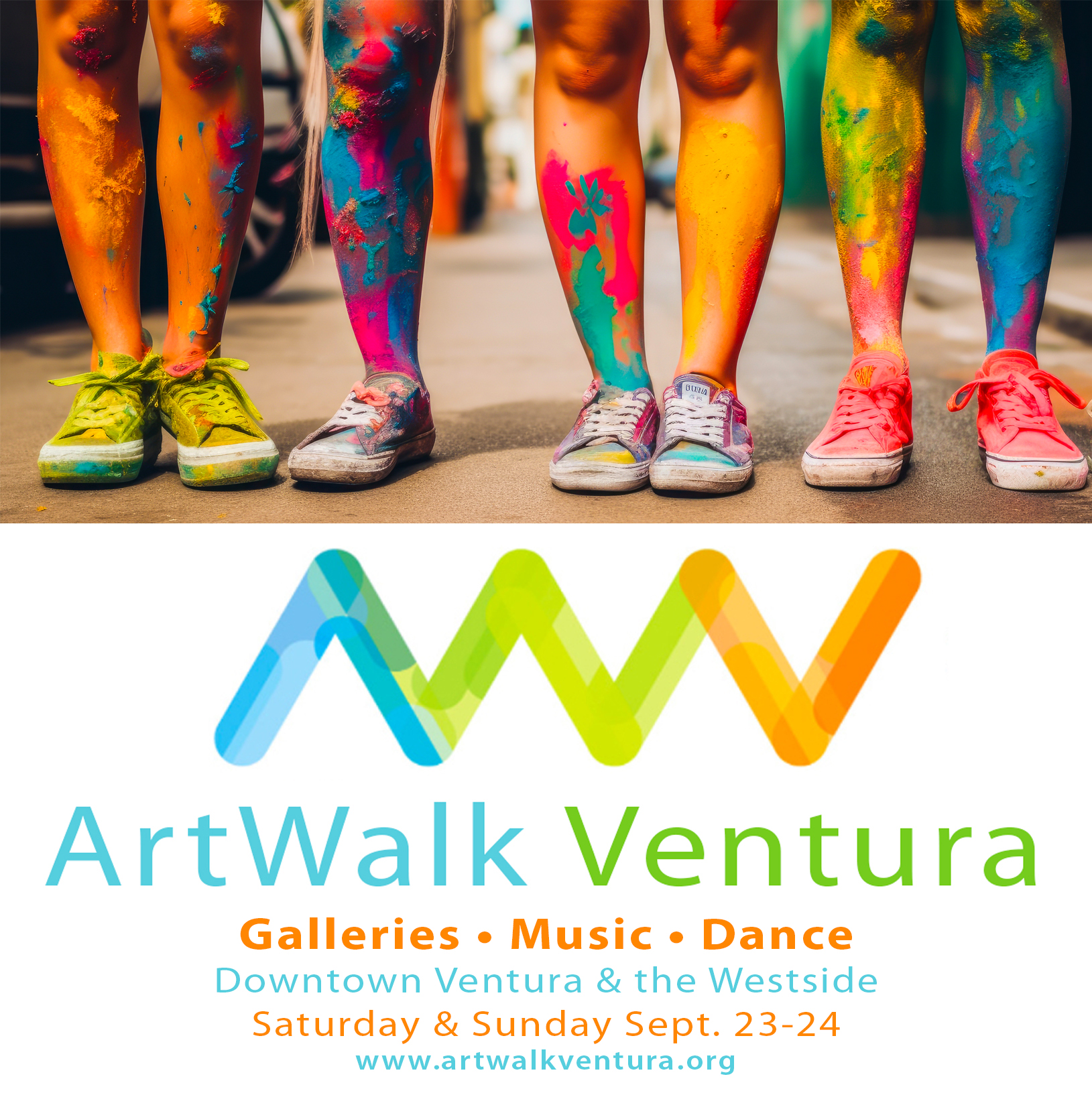 shot of four peoples legs covered in paint, standing on a street, with artwalk ventura event information.