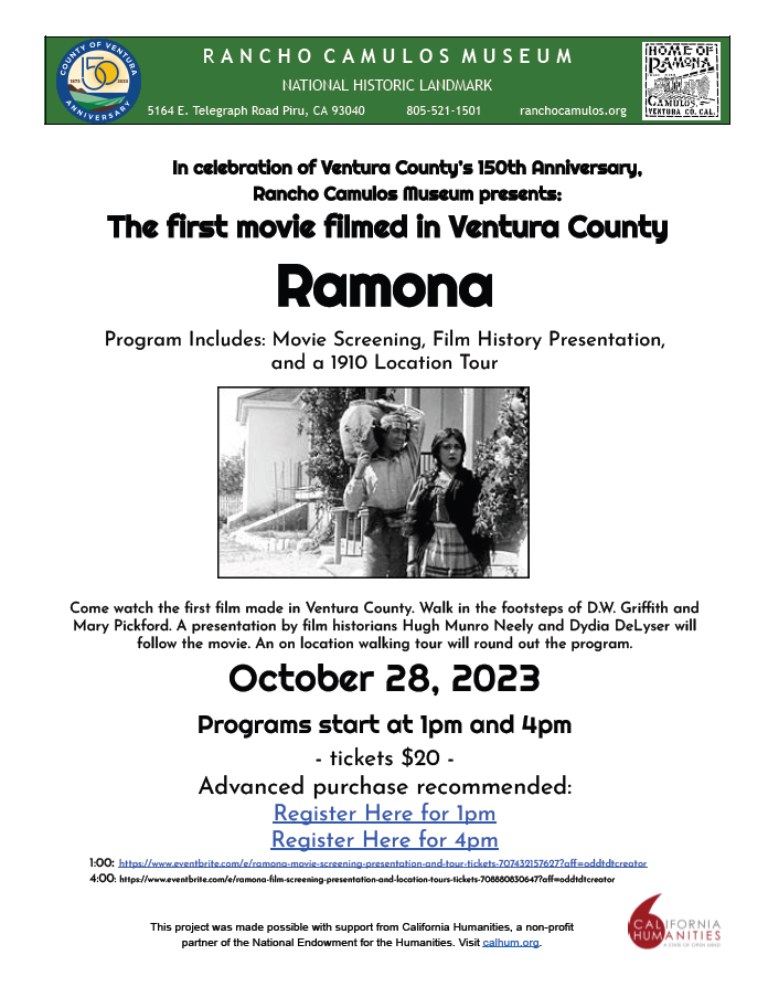 A Flyer with a black and white still showing Ramona standing on the Rancho Camulos grounds, from the Romana Story Film, along with event information.